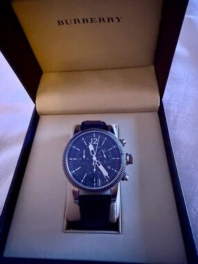 Burberry Watch Swiss Chronograph Black Leather Strap 42mm BU7813